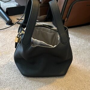 Small Black Leather Tote Bag with Gold Accent